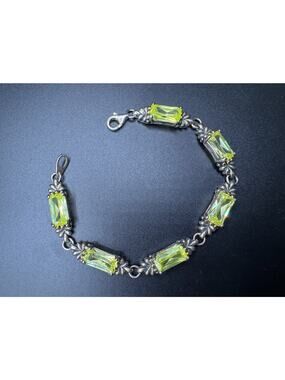 Vintage Green Peridot Emerald Cut Sterling Silver 925 Bracelet Size 7"